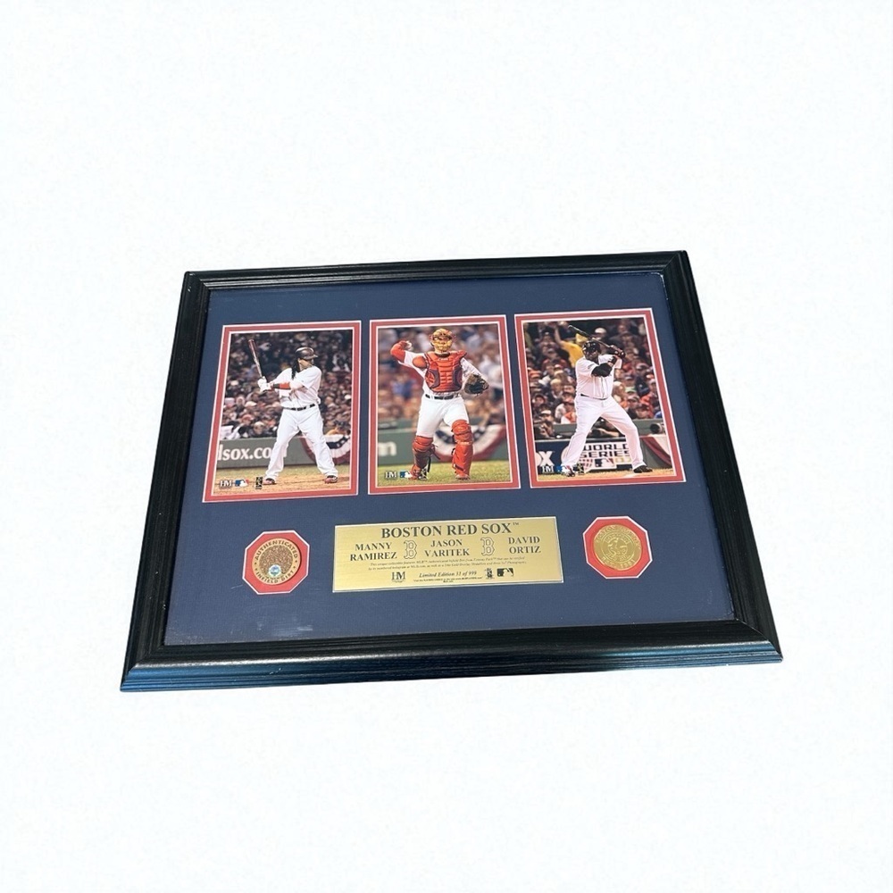 Framed Manny Ramirez, Jason Varitek, and David Ortiz Display With Infield Dirt